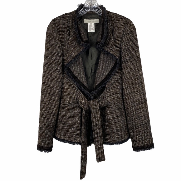 GERARD DAREL Tweed Fringe Tie Belted Blazer 36 Jacket Career Preppy Brown - Picture 1 of 8